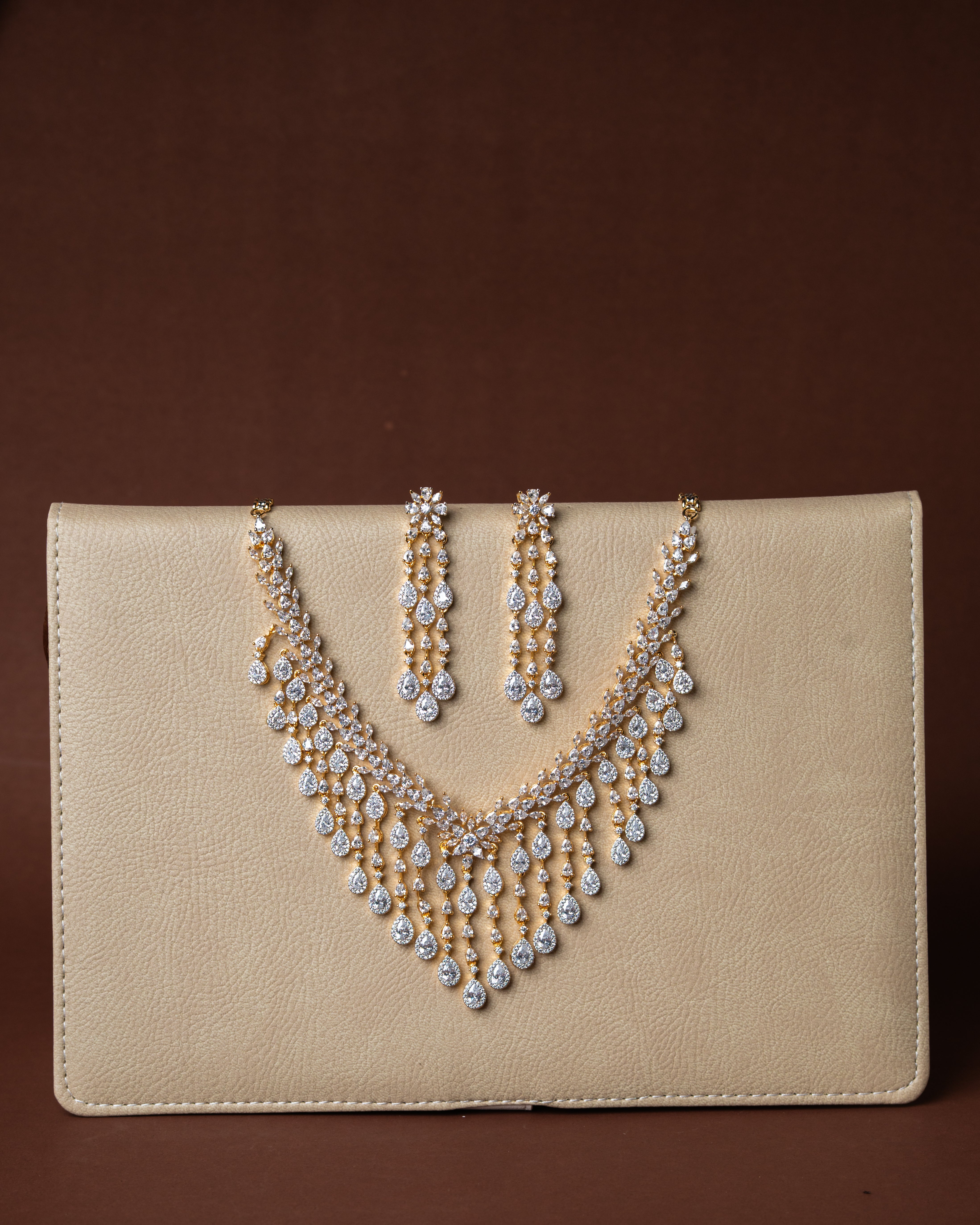 Gold-Toned Cubic Zirconia (CZ) Waterfall or Cascading Necklace Set.