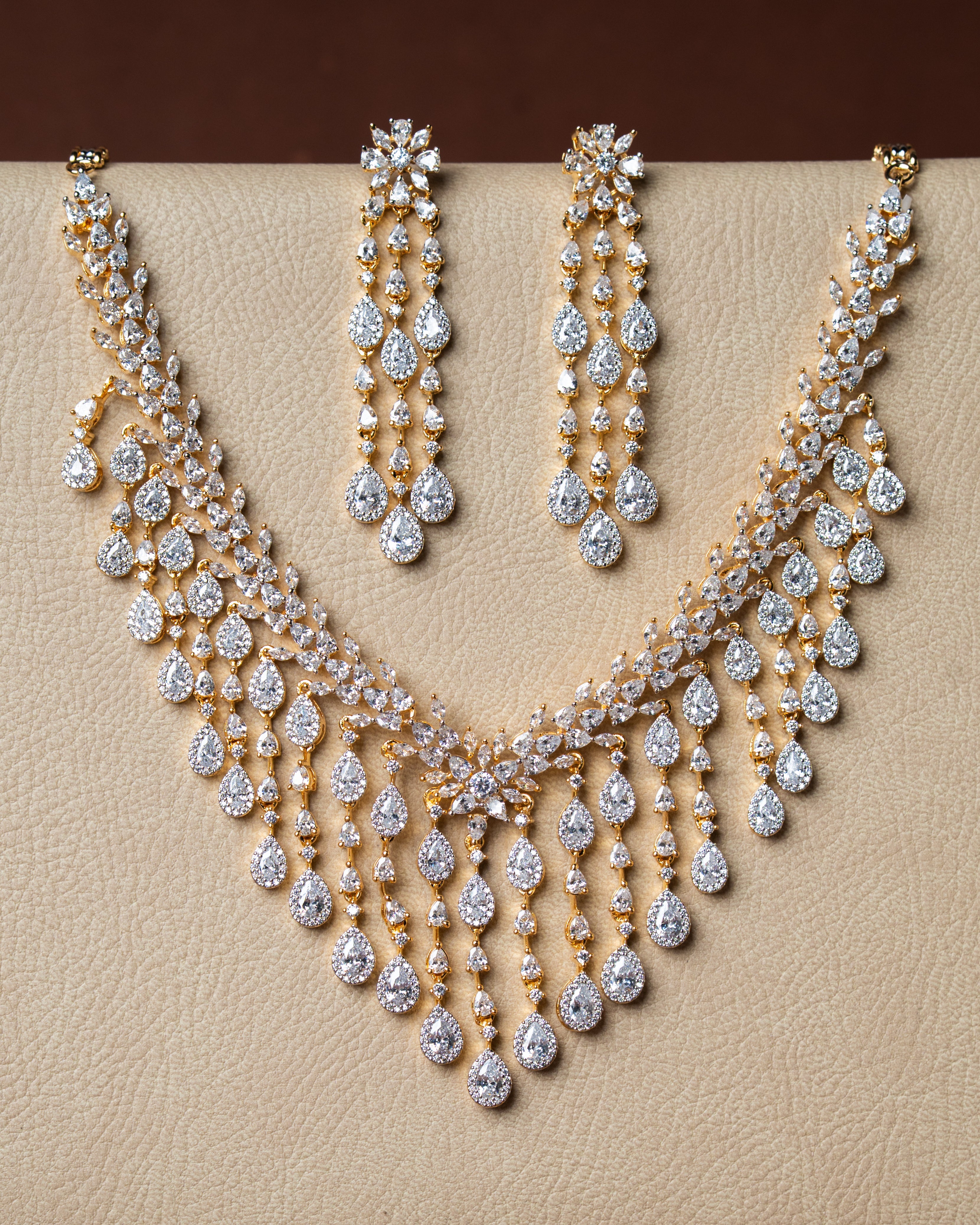 Gold-Toned Cubic Zirconia (CZ) Waterfall or Cascading Necklace Set.