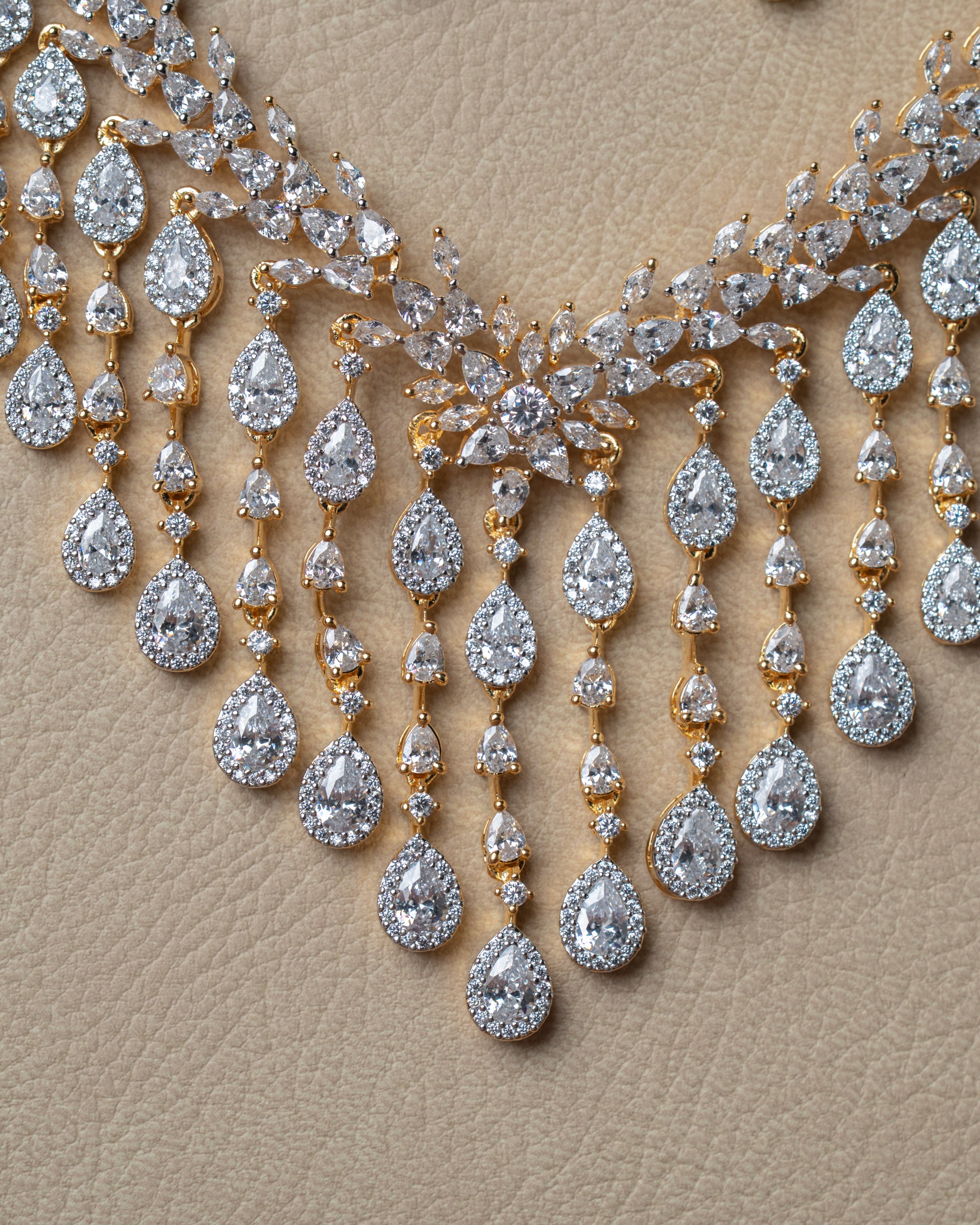 Gold-Toned Cubic Zirconia (CZ) Waterfall or Cascading Necklace Set.