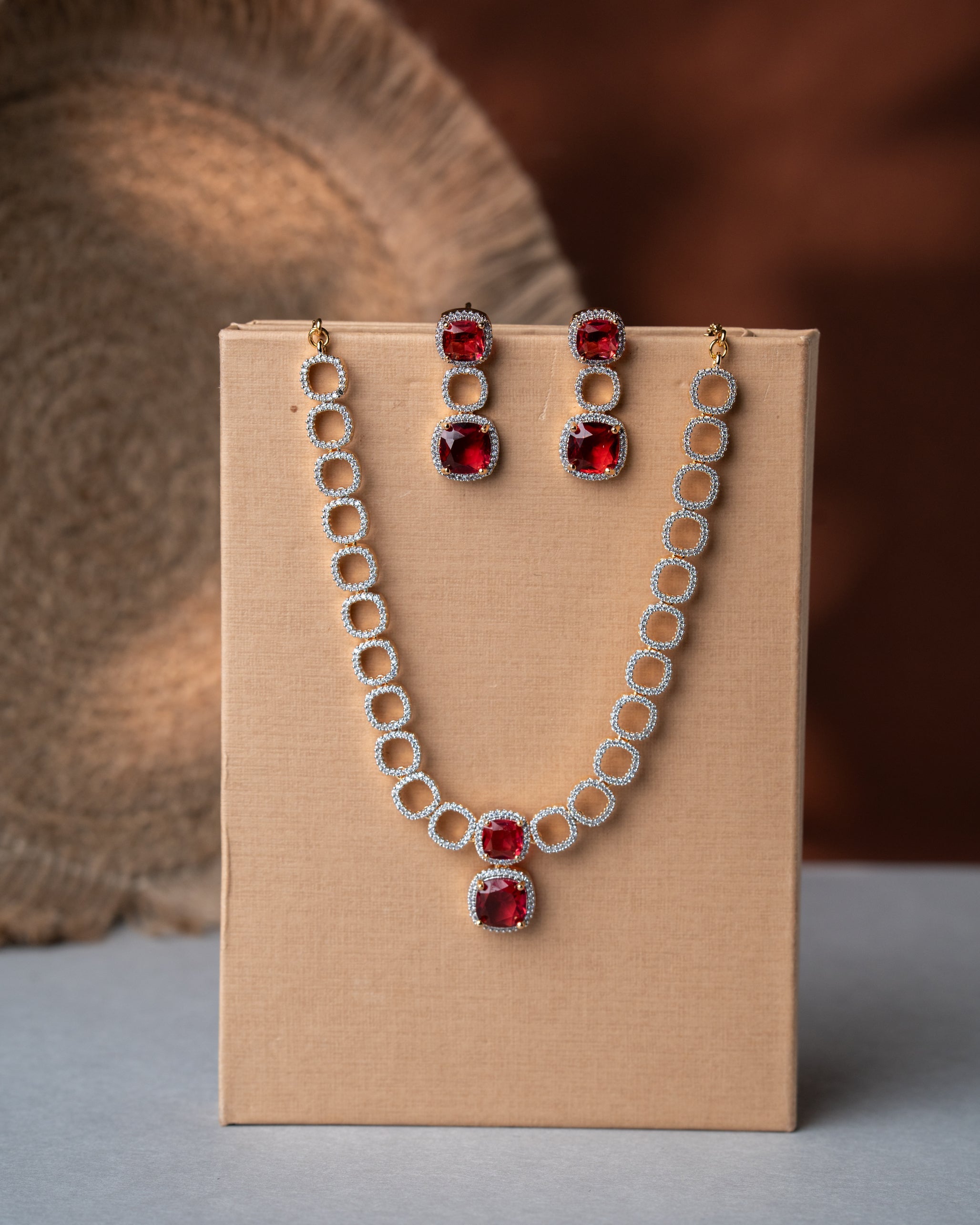 Gold-Toned Ruby and American Diamond (AD) Necklace Set.