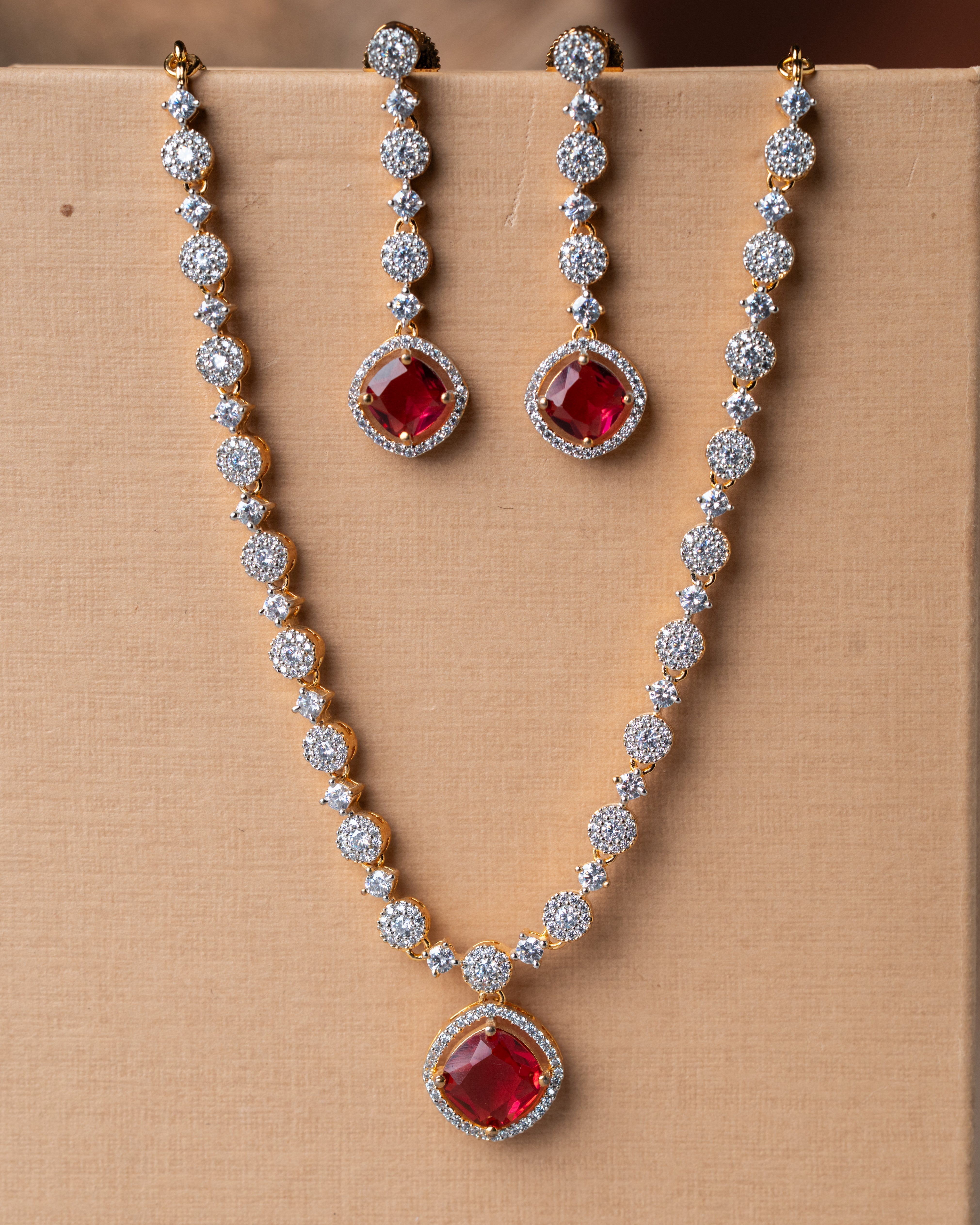 Gold-Toned Ruby & AD Solitaire Necklace Set