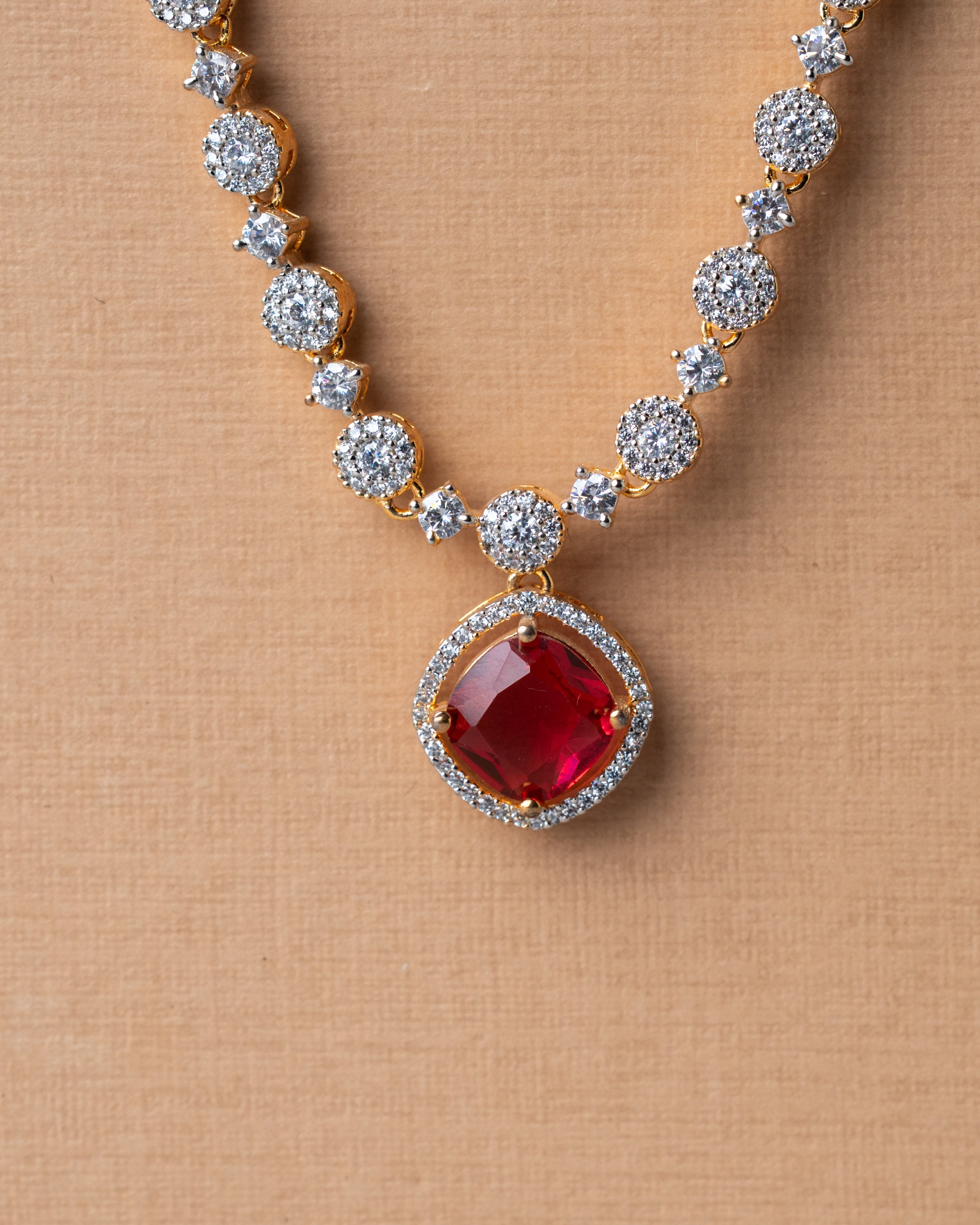 Gold-Toned Ruby & AD Solitaire Necklace Set