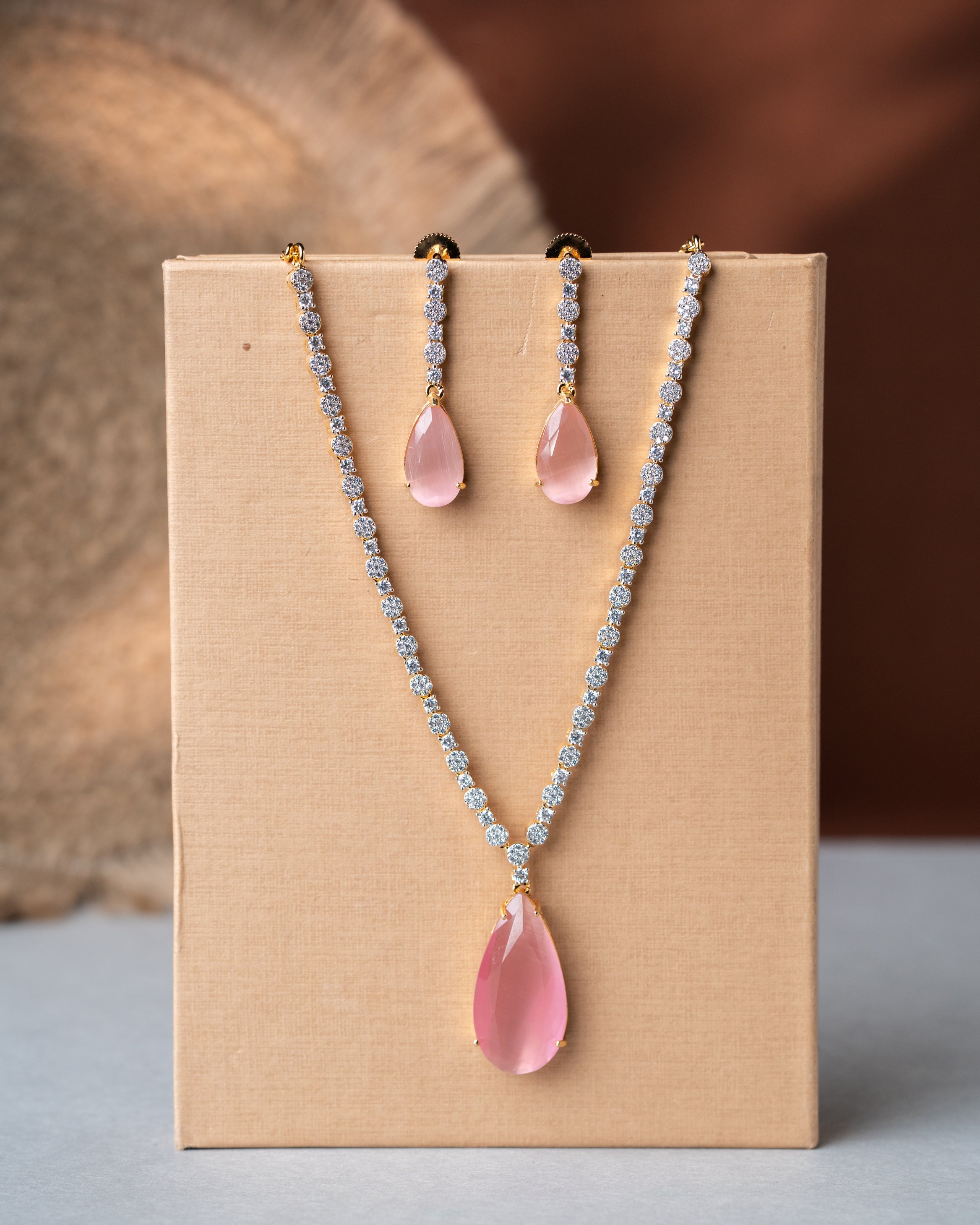 Classic Gold-Toned AD Solitaire Necklace Set | Choice of Emerald Green or Blush Pink Quartz