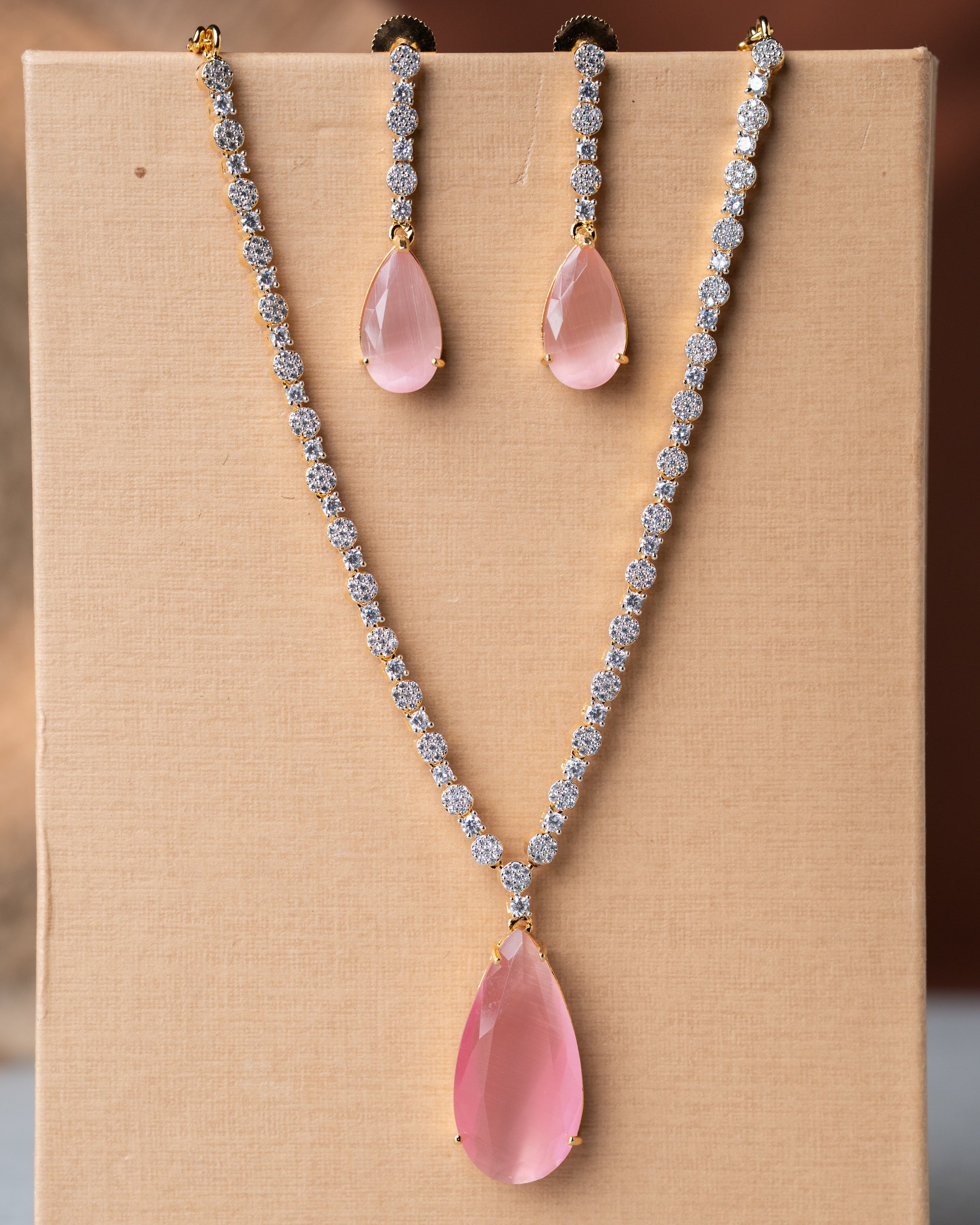 Classic Gold-Toned AD Solitaire Necklace Set | Choice of Emerald Green or Blush Pink Quartz