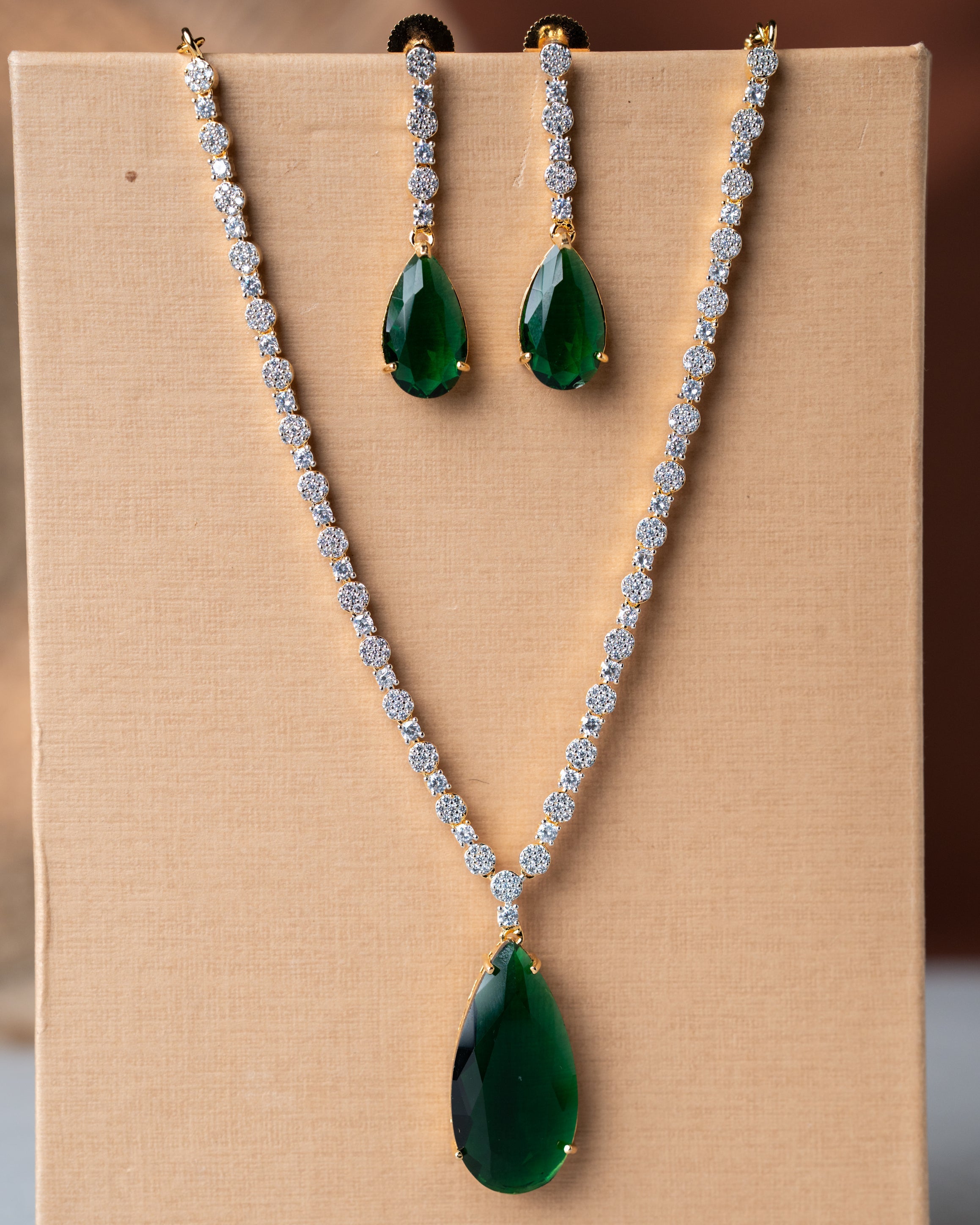 Classic Gold-Toned AD Solitaire Necklace Set | Choice of Emerald Green or Blush Pink Quartz