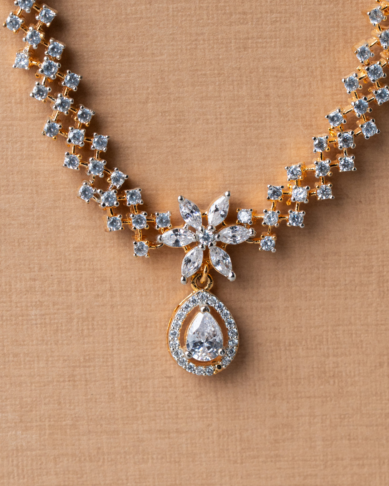 Gold-Toned American Diamond (AD) Star Necklace Set with Solitaire Drop Earrings