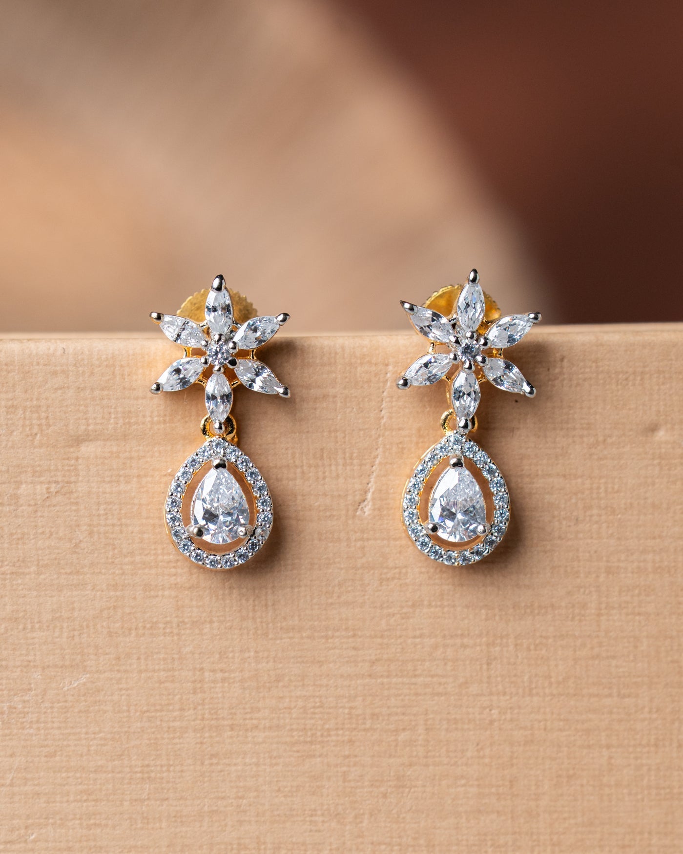 Gold-Toned American Diamond (AD) Star Necklace Set with Solitaire Drop Earrings