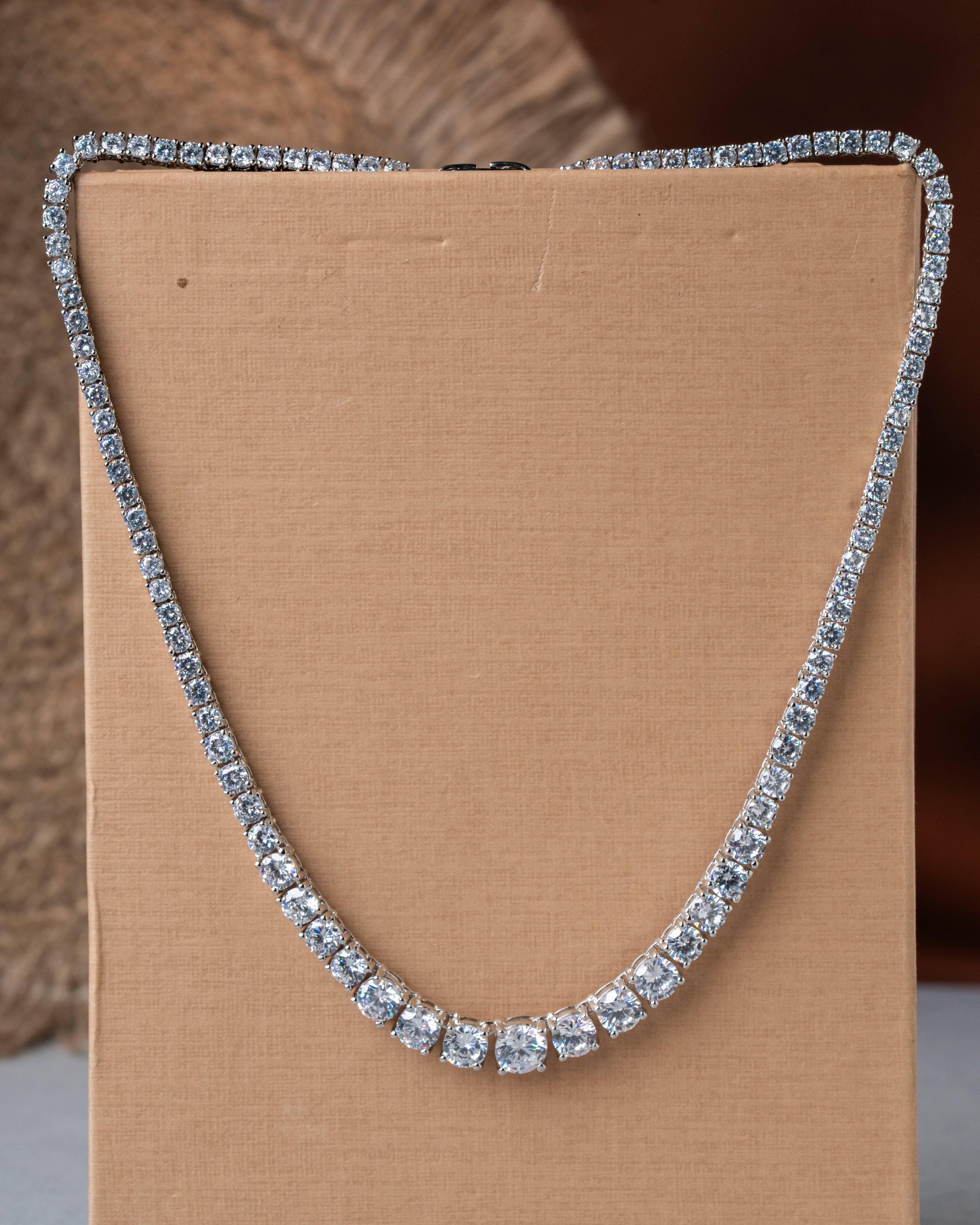 Rhodium-Plated Classic AD Tennis Necklace Set with Solitaire Studs