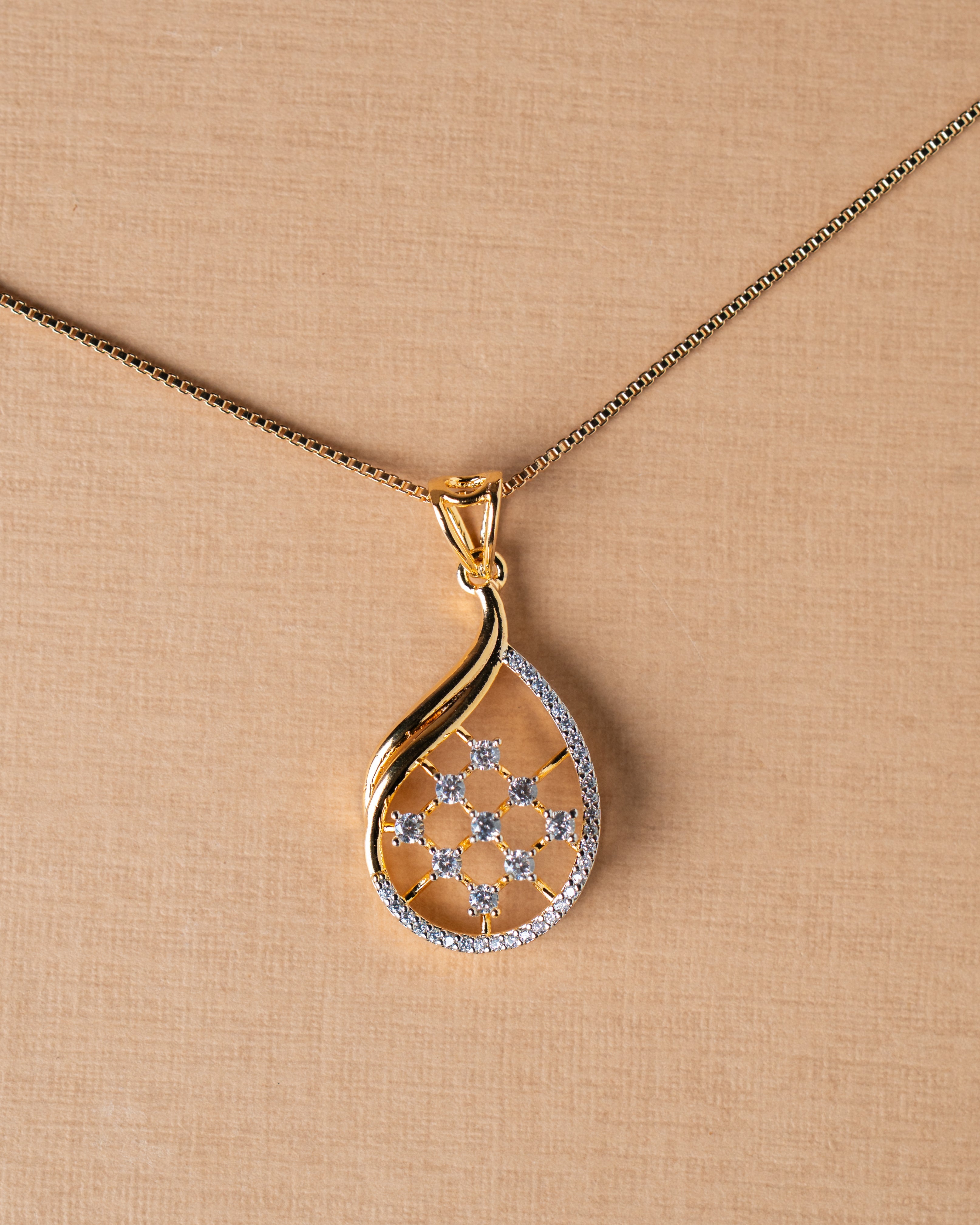 Gold-Toned American Diamond (AD) Floral Teardrop Pendant Set