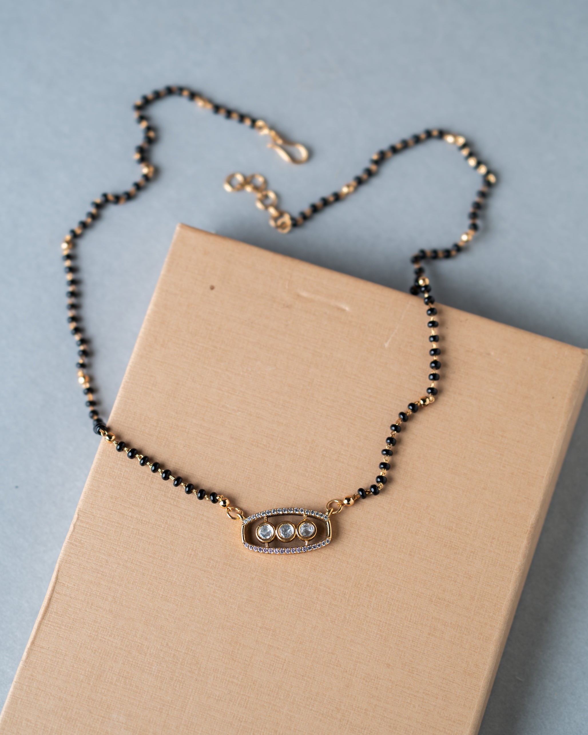 Gold-Toned Kundan Zircon Mangalsutra with Black Bead Chain