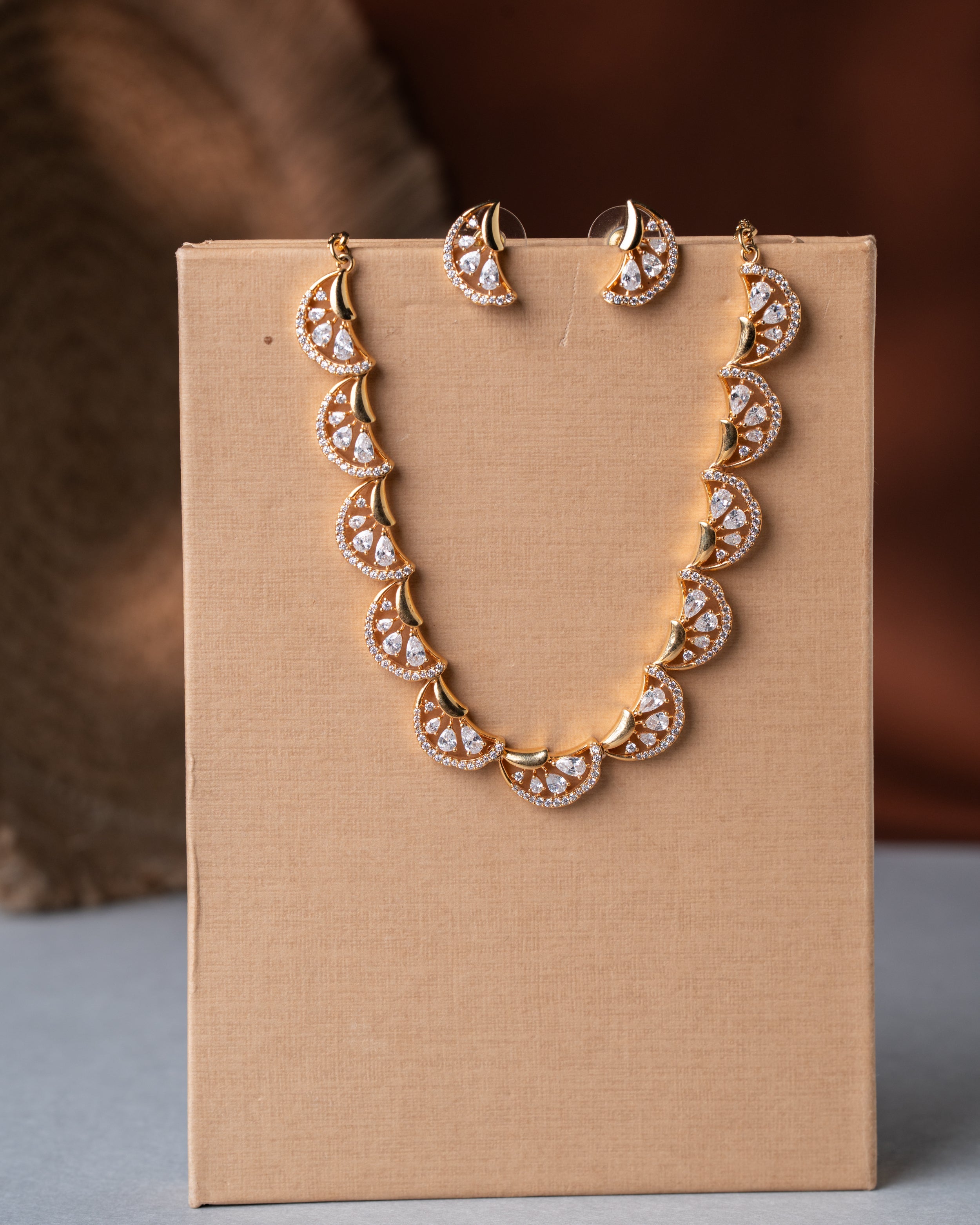 Gold-Toned Crescent Fan Pave AD Necklace Set