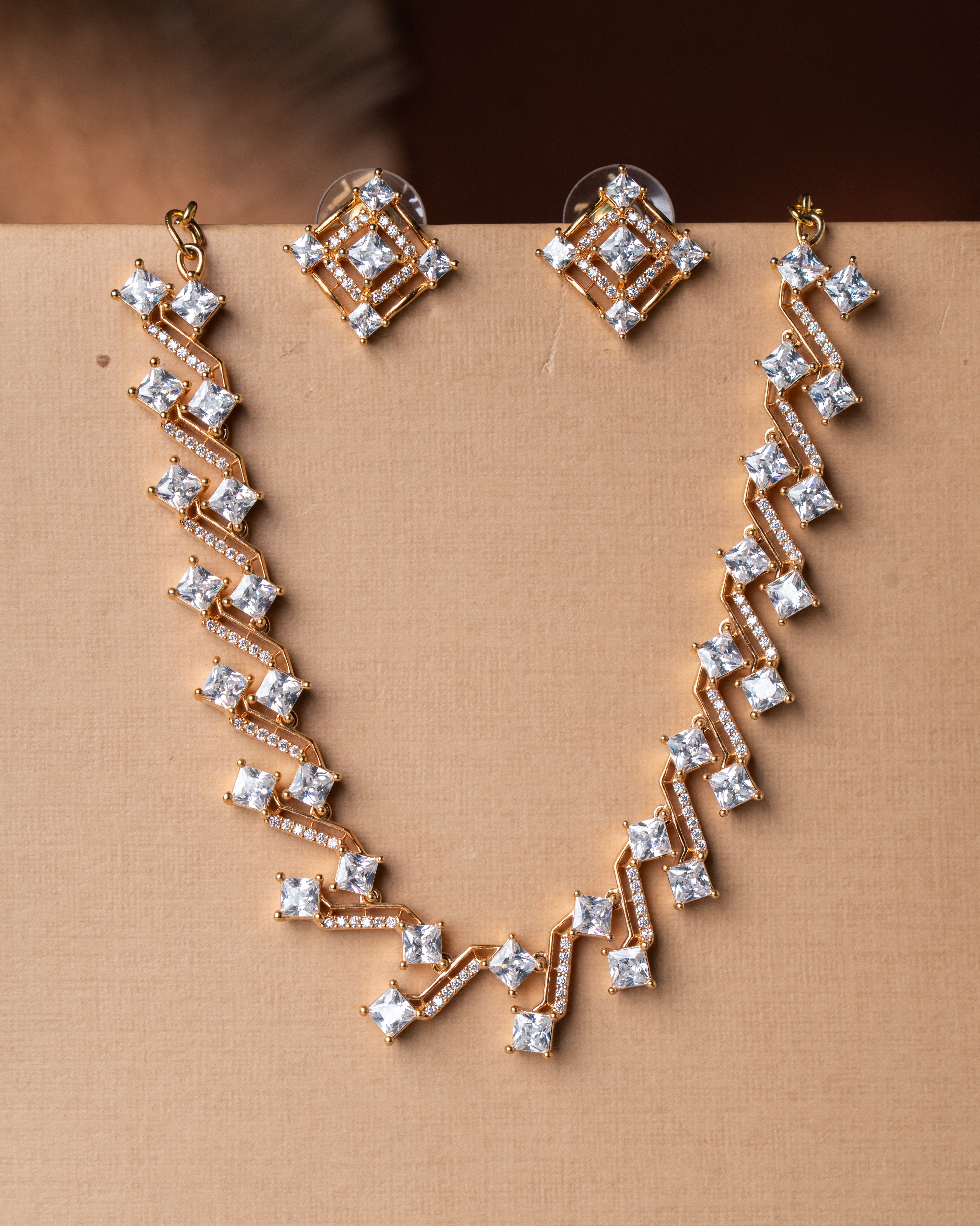 Gold-Toned Zigzag Link Statement AD Necklace Set