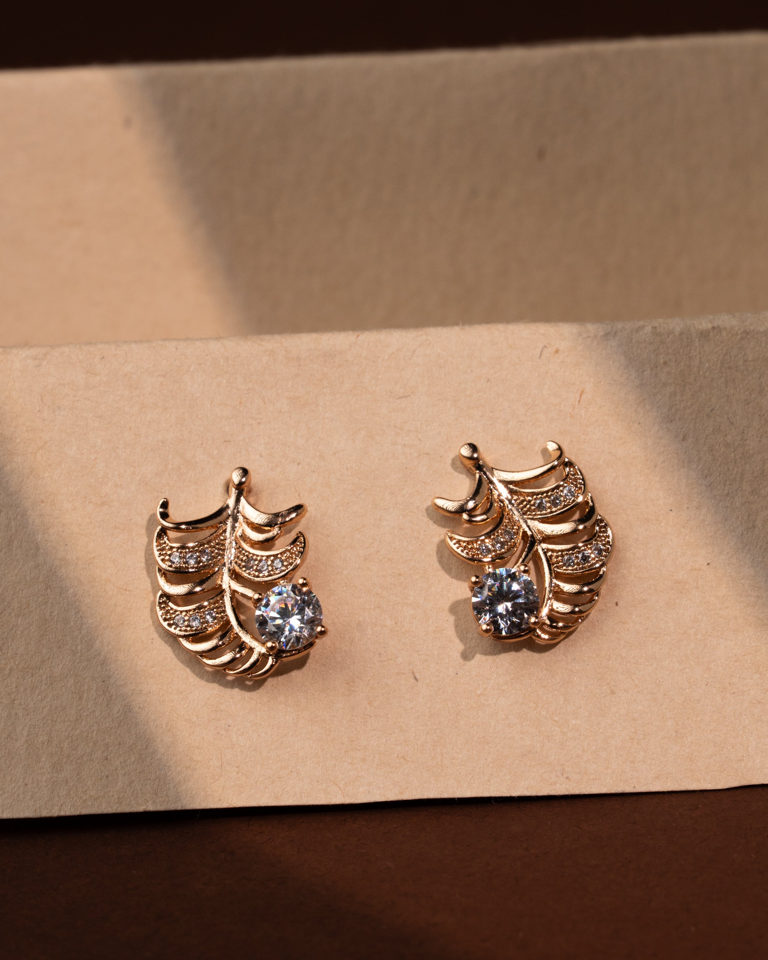 Leaf Crystal Gold Stud Earrings
