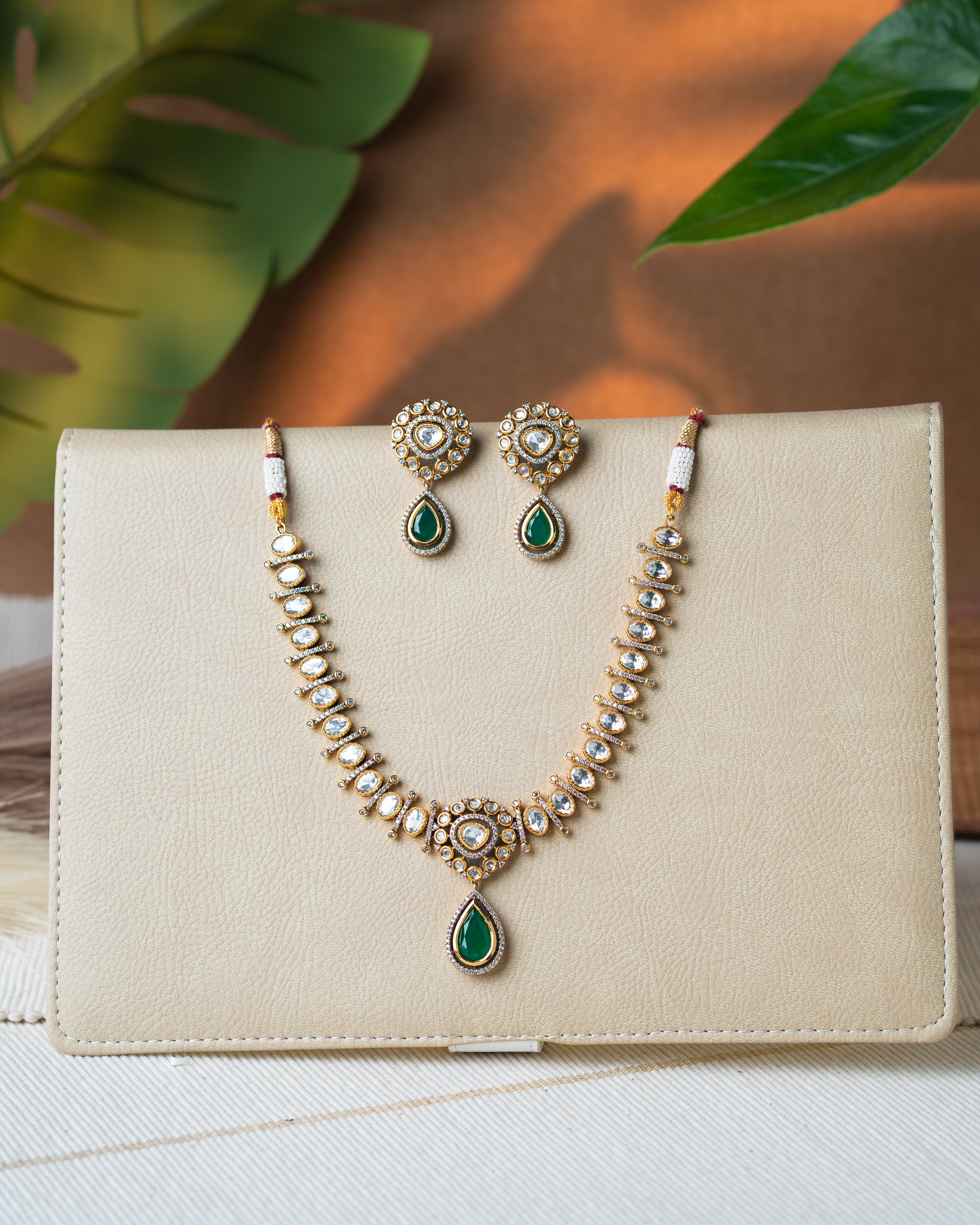 Kundan Emerald Drop Necklace Set